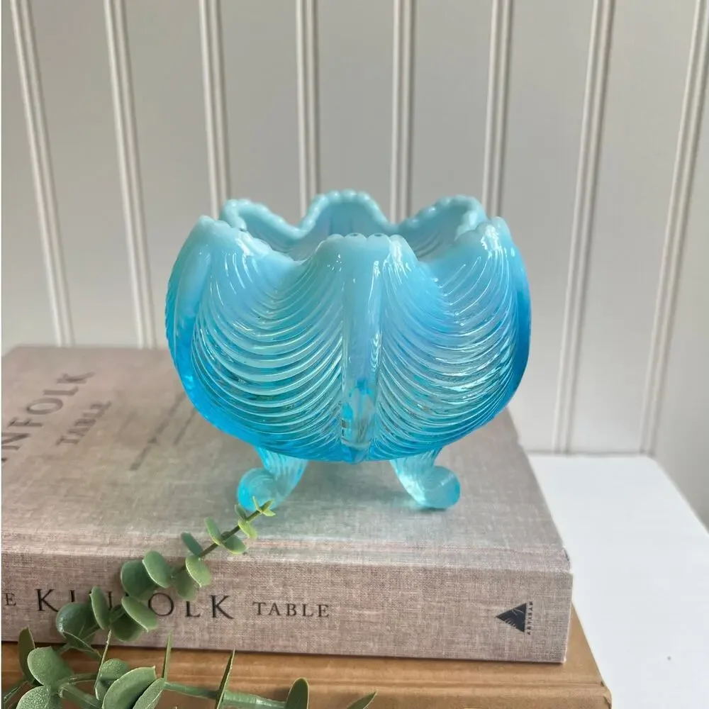 Fenton Blue Opalescent Glass Three Footed Rose Bowl Vase Drape Design
